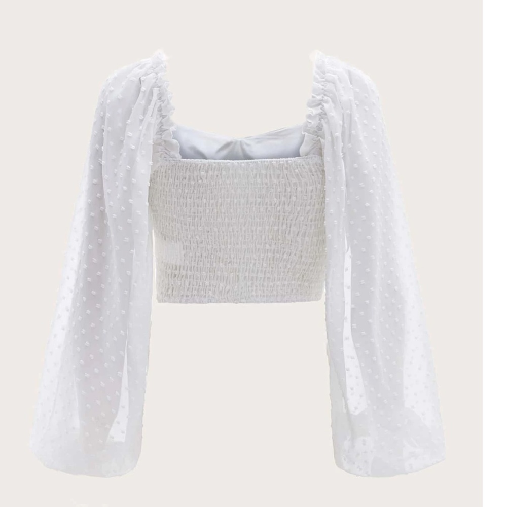 White Swiss Dot Sheer Sleeve Crop Blouse Top - Picture 6 of 11